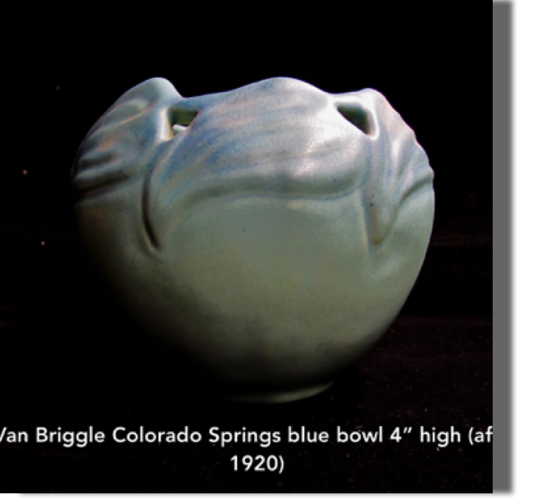 Van Briggle Colorado Springs blue bowl 4" high, width is 5.0", design #847, from 1950's